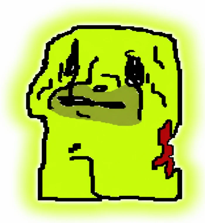 A crude green drawing of rob with a red bolt scar on his cheek